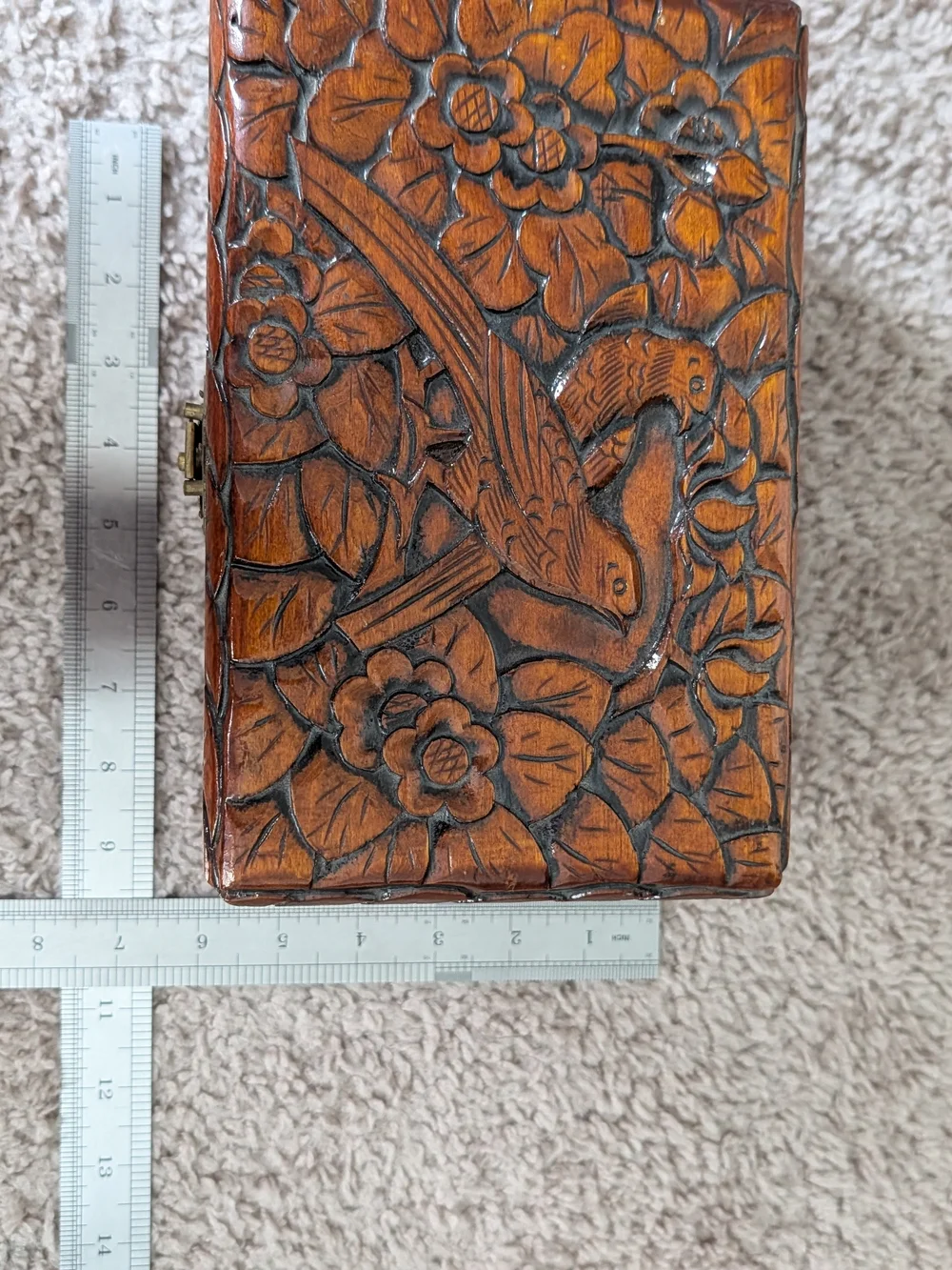 3 Vintage Hand Carved Brown Chinese Bird Camphor Wooden Floral Trinket Boxes